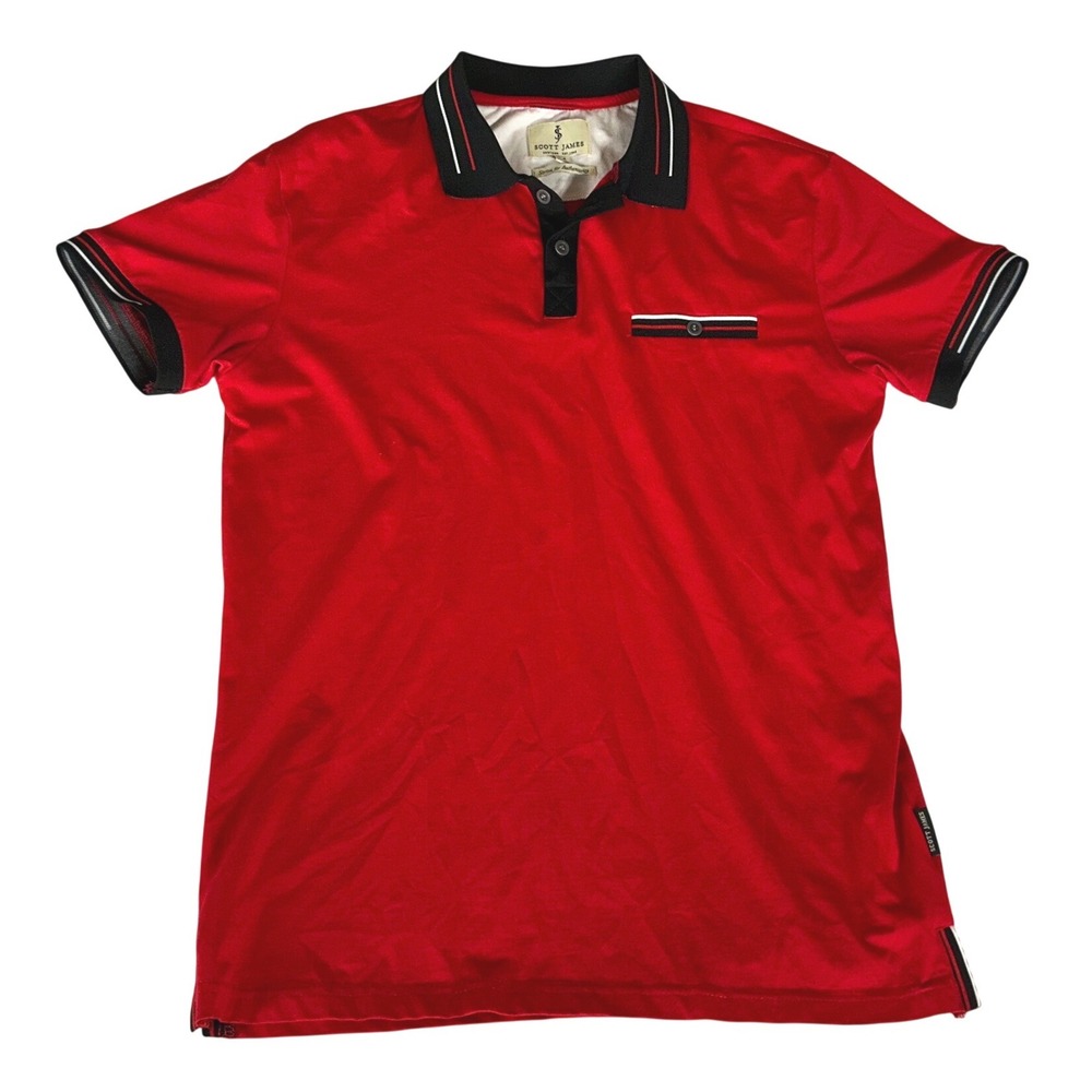 Scott James Mens Red Short Sleeve Polo Shirt Cotton Spandex Size M Striped Trim